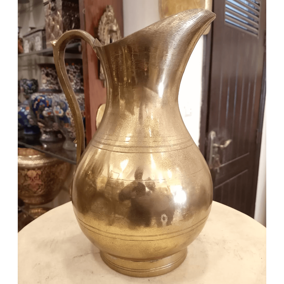 Vintage Brass Jug with Engraved Lines