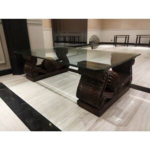 Glass & Carved Wood Base Coffee Table - SoUnique.PK