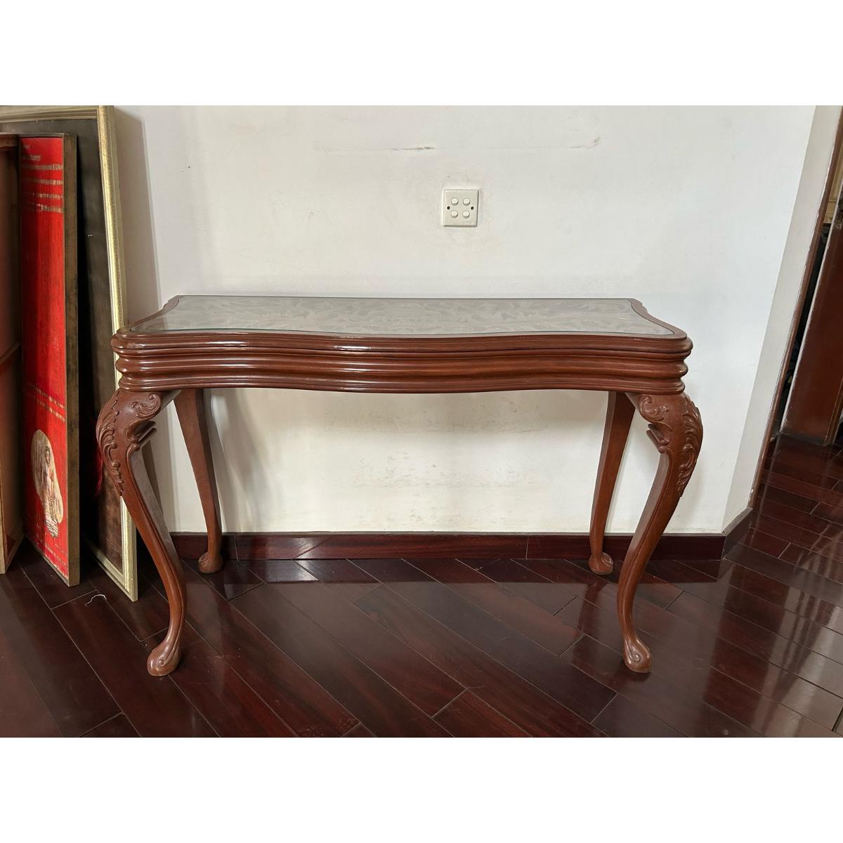 Carved Teak Wood Console Table with Glass Top-SoUnique.PK