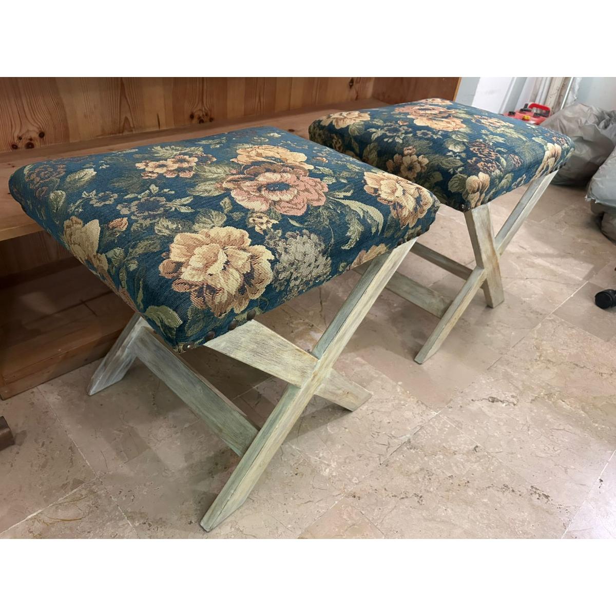 Pair of Floral Upholstered Wooden X-Stools - SoUnique.PK