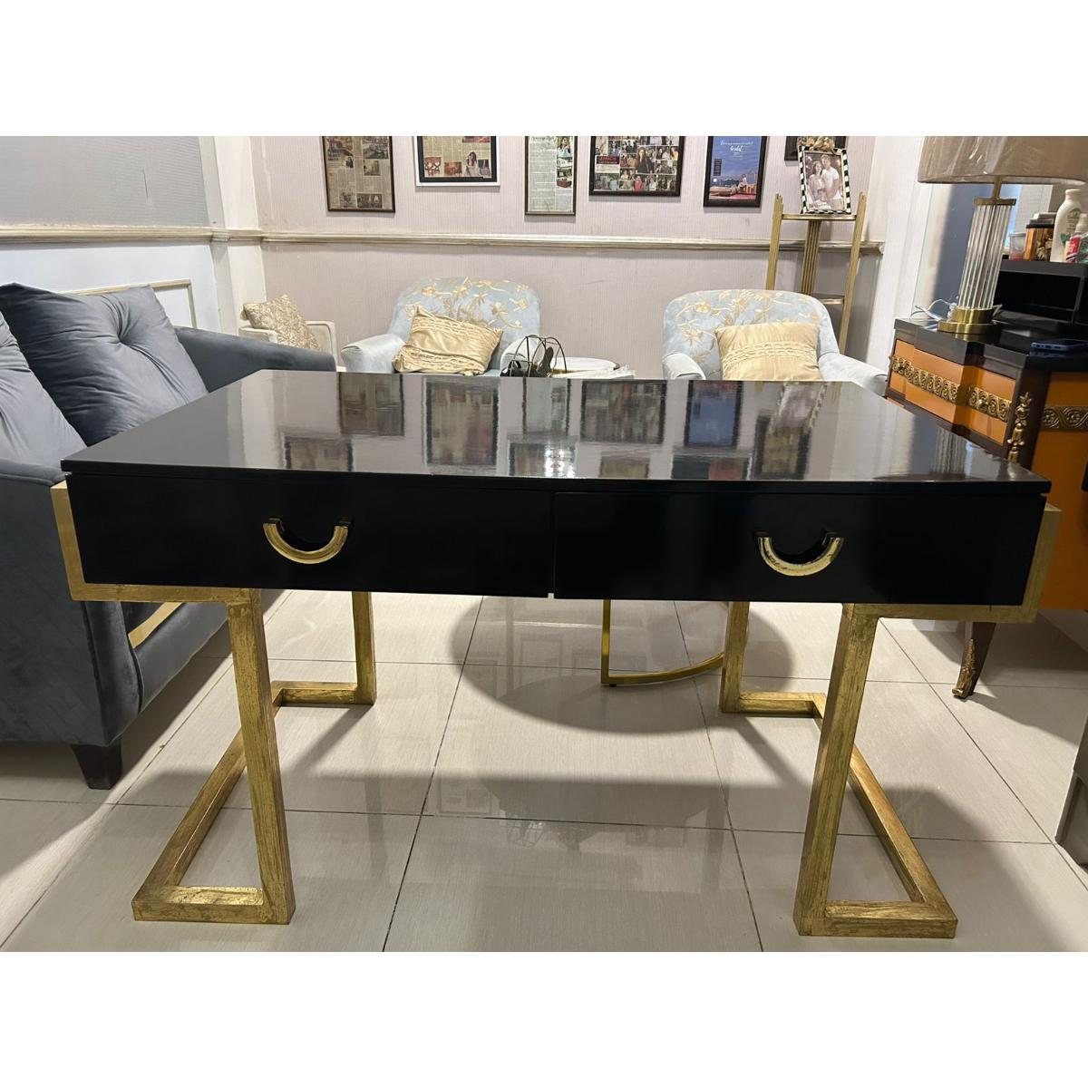 High Gloss Black & Gold Modern Writing Desk - SoUnique.PK