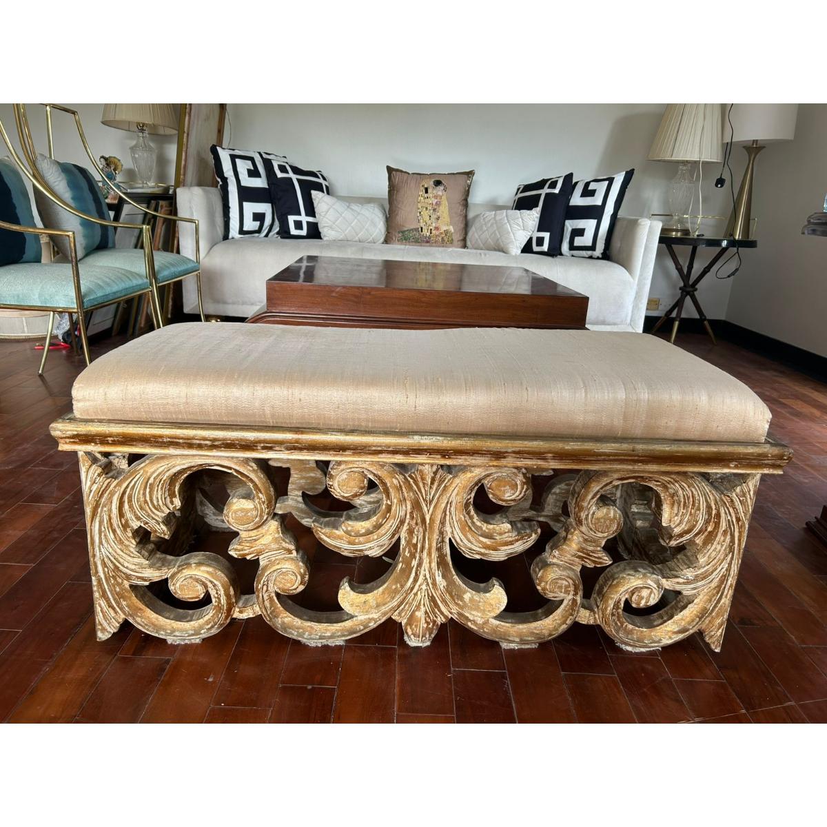 Ornate Carved Sheesham Bench with Silk Seat -SoUnique.PK