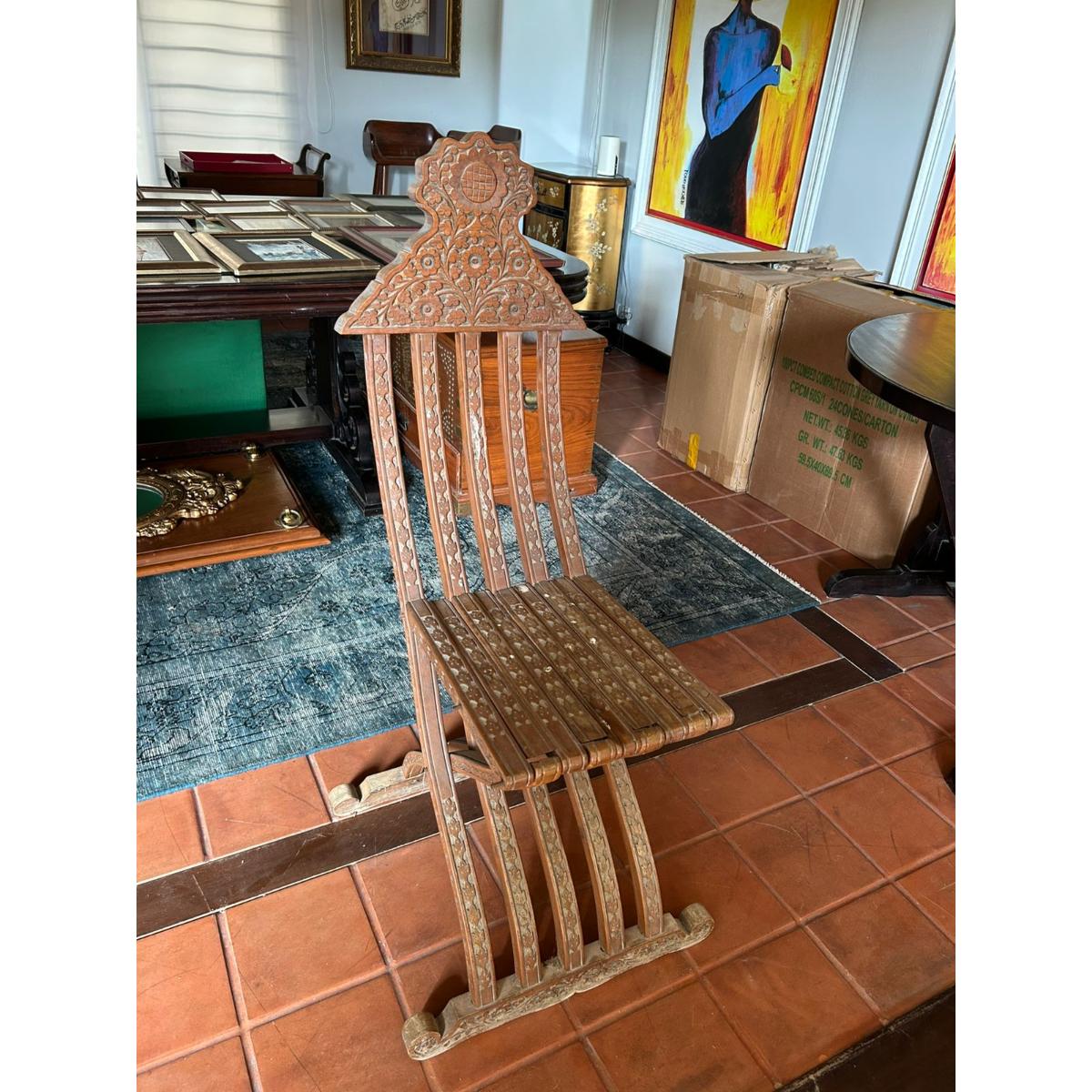 Hand-Carved Sheesham Chair with Floral Backrest - SoUnique.PK