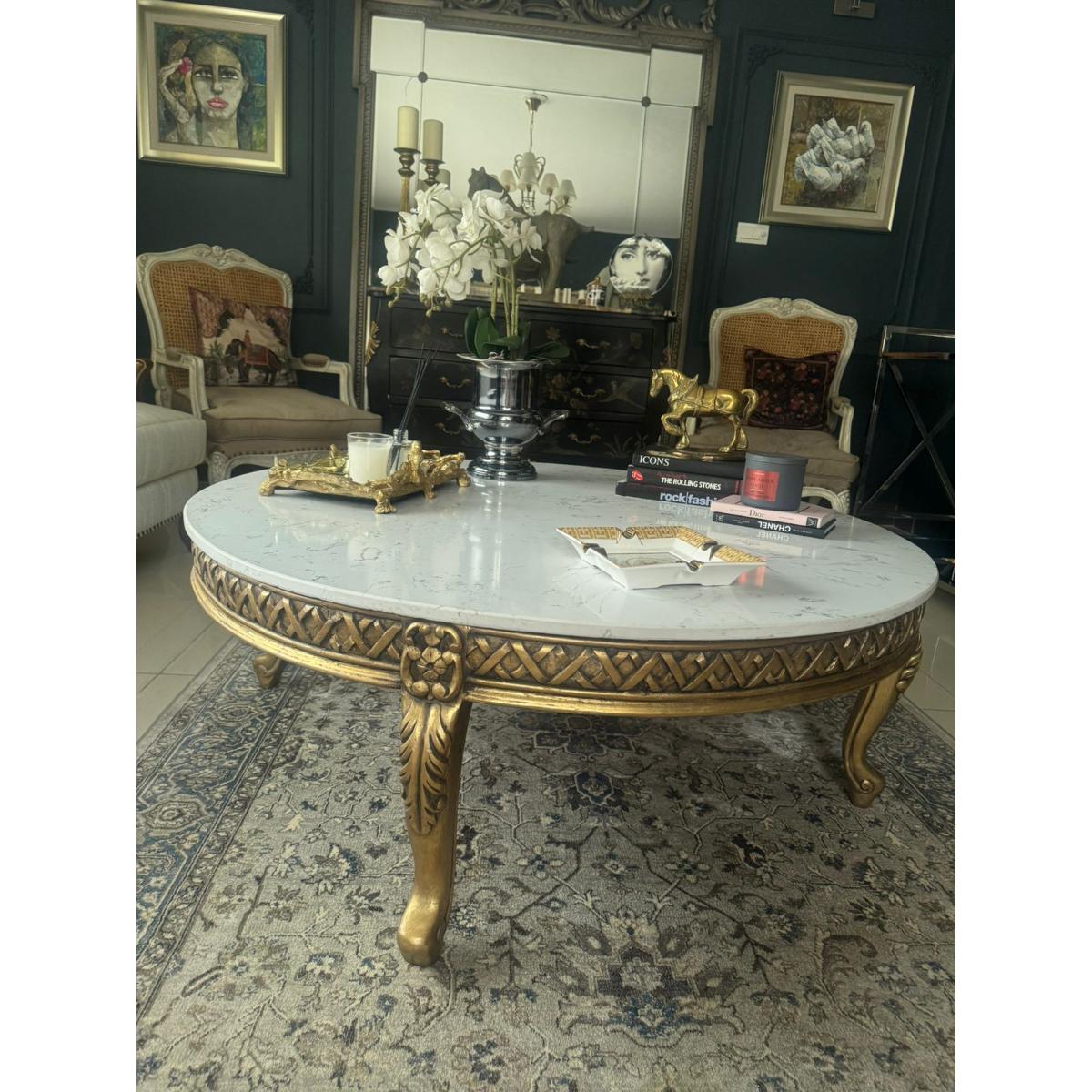 Luxury Hand-Carved Coffee Table with Marble Top - SoUnique.PK