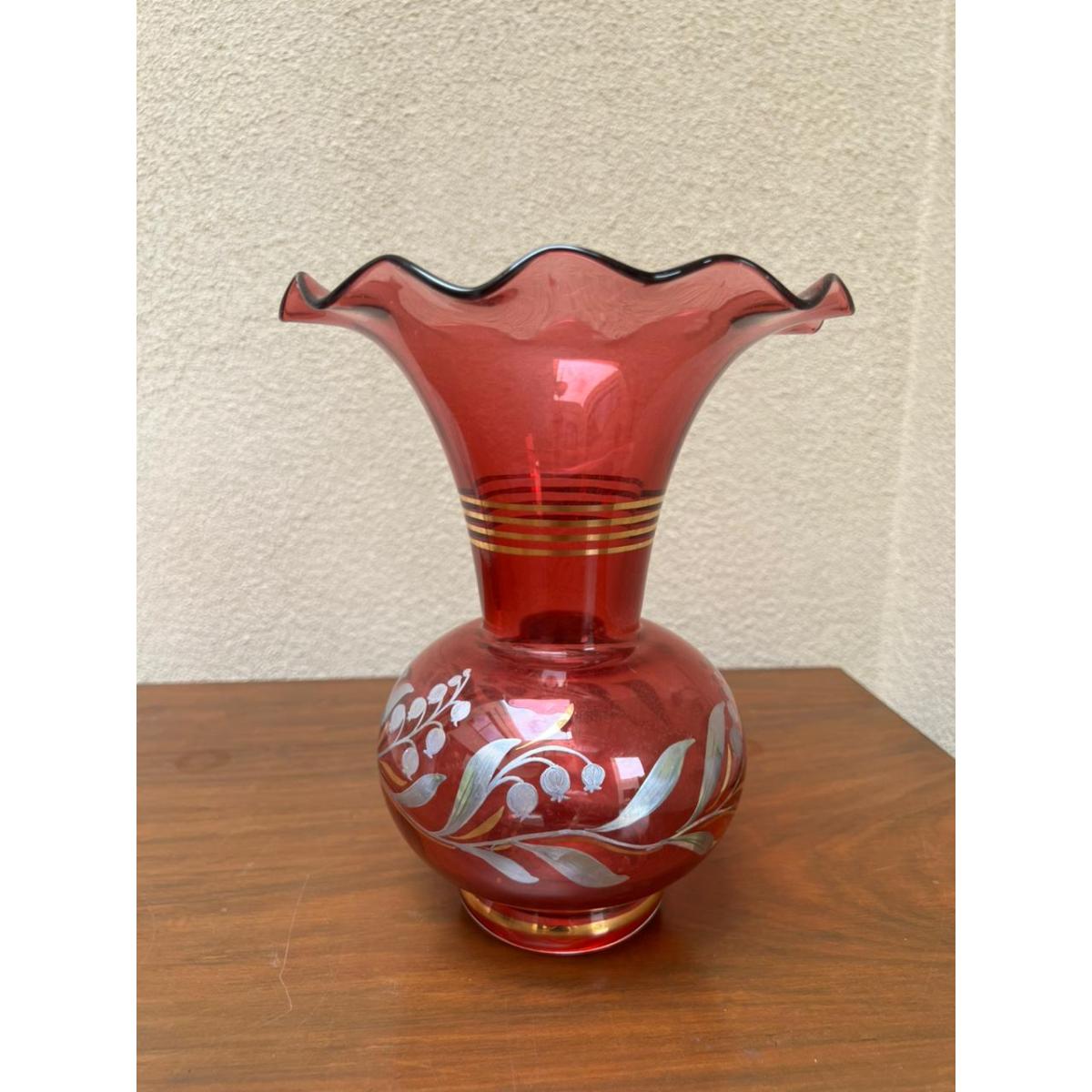 Cranberry Glass Vase with Ruffled Rim-SoUnique.PK