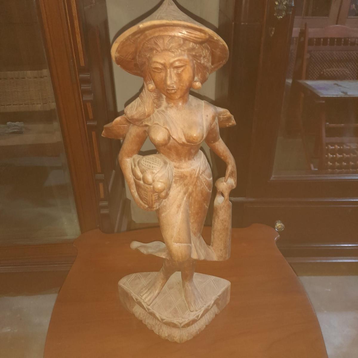 Hand-Carved Wooden Oriental Farm Lady Figurine - SoUnique.PK