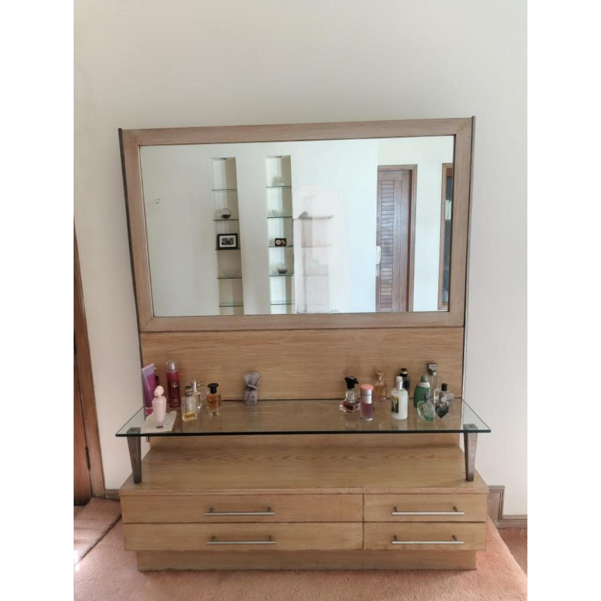 Oak Wood Dresser with Mirror and Glass Top-SoUnique.PK