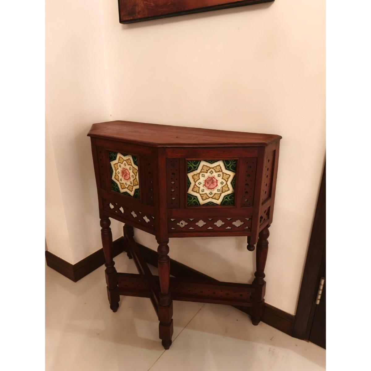 Teak Wood Corner Console with Decorative Tile Inlay-SoUnique.PK