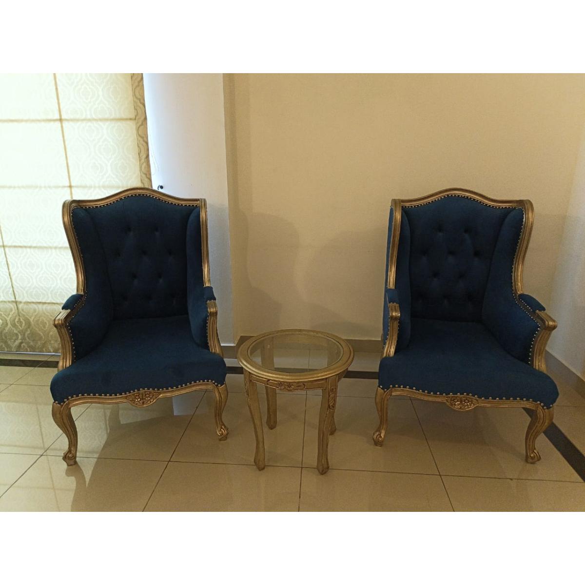 Blue Velvet Wingback Chairs with Round Side Table - SoUnique.PK