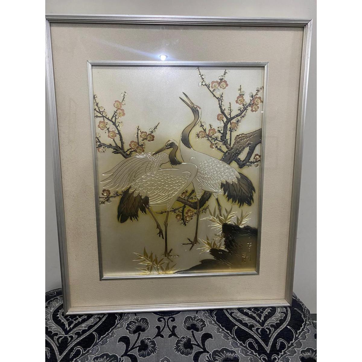 Japanese Chokin Art Frame – Cranes & Blossom Scene